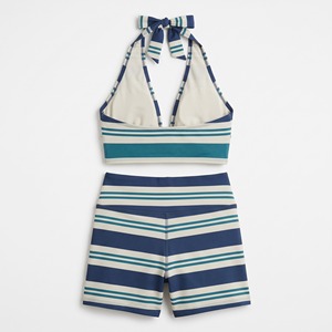 Retro Striped Custom Neck Crop Top High Waist Skinny Fit Biker Shorts Two Piece Set Womens Summer <b>Beach</b> Vacation Outfit - Product Image 3