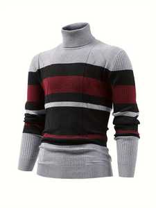 Pull col roulé pour homme, color block, décontracté, en tricot texturé Argyle, coupe ajustée, rayé, chaud pour l'hiver - Product Image 6