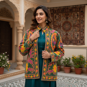 Green Floral Embroidered Bomber Jacket Orange Yellow Needle <b>Work</b> Coat <b>Stand</b> Collar Long Sleeves Side Pockets Women Casual Wear - Product Image 2