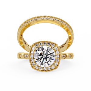 Cushion Halo Frame Round Cut Lab Diamond IGI Certified Diamond Dual Band Design 14K Pure Gold Milgrain Beaded Engagement Rings - Product Image 1