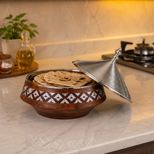 Casserole de luxe artisanale en bois et acier inoxydable isolée avec incrustation décorative, pot de service alimentaire isotherme, ustensile de cuisine haut de gamme - Product Image 3