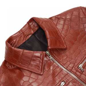 Blouson moto homme en cuir véritable marron gaufré, respirant et écologique, style motard, fermeture éclair, col rabattable - Product Image 6