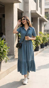 Vestido Camisero Maxi de Mezclilla Azul Sereno para Mujer, Vestidos Casuales para Mujer con Tela Ligera, Ideal para el Día a Día - Product Image 4