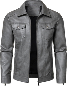 Blouson Trucker Homme Hiver Personnalisable Écologique Coupe-Vent en Cuir PU Gris Cendré avec Col Revers Pointu et Double Rabat Poitrine - Product Image 1