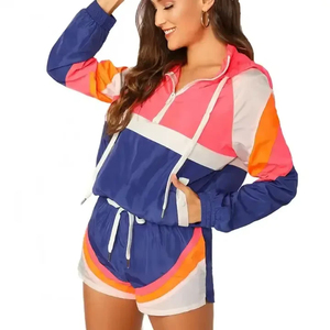 Ensemble de survêtement sportif pour femme, color block, manches longues, à capuche, fermeture éclair, coupe ample, deux pièces, tenue de sport printemps-été - Product Image 4