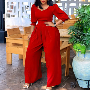 Mono de mujer rojo con cuello redondo, cintura alta, mangas abullonadas, holgado, transpirable, de crepé, informal, para primavera y verano, pantalón largo. - Product Image 6