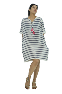Robe Kaftan Midi en Coton Teint en Fil, Col en V, Fabricant - Product Image 3