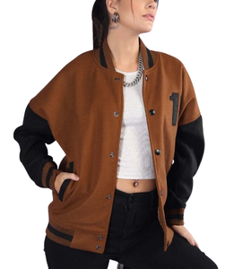 Chaqueta Varsity Marrón para Mujer, Manga Larga, Color en Contraste, Número 10, Logotipo Frontal, Estilo Otoñal, Largo Regular, Cuello con Botones - Product Image 5