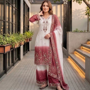 Ensemble de costume palazzo en georgette pour femmes |   Tenue de fête brodée à deux tons avec sequins et dupatta - Product Image 1