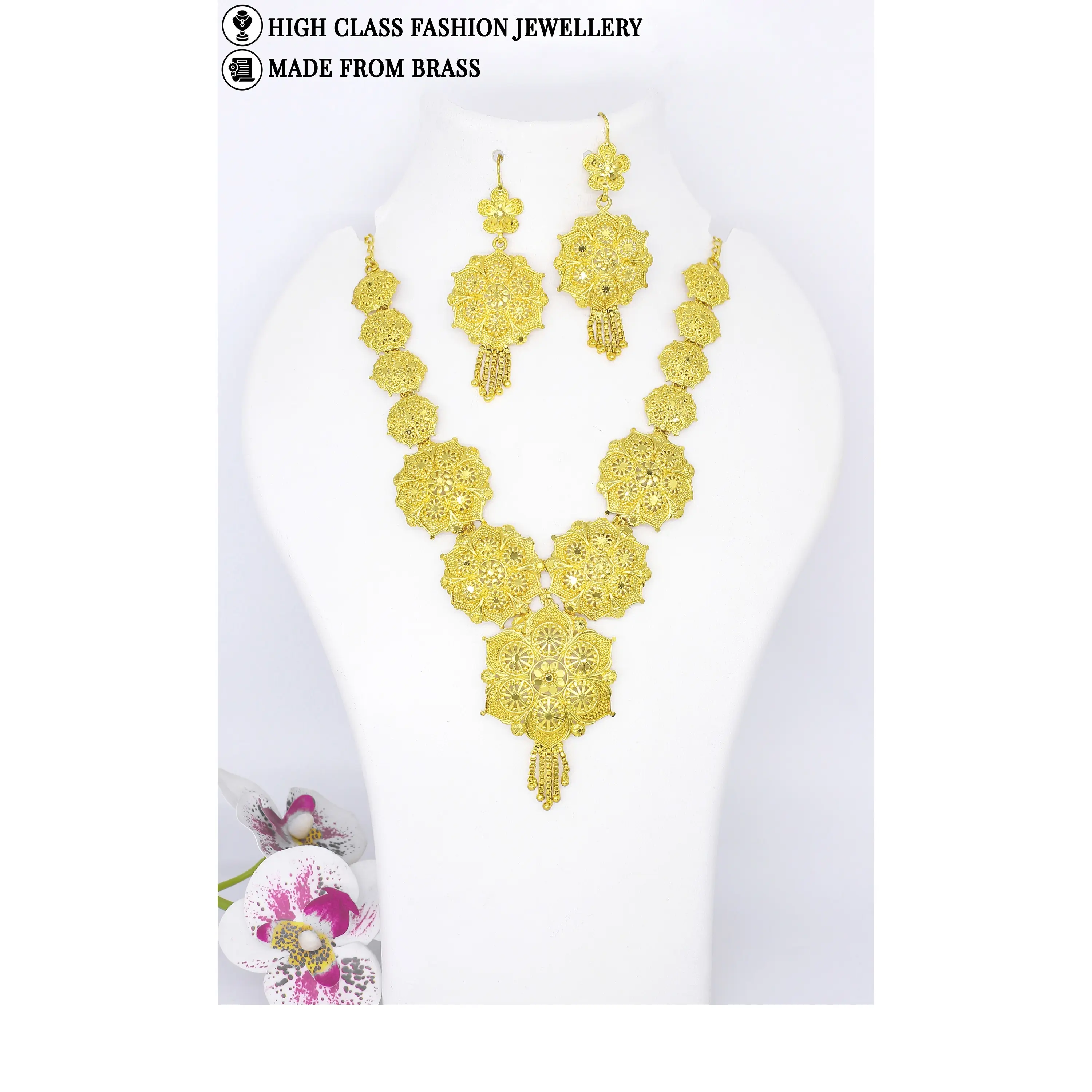 Set perhiasan pernikahan Turki kalung bunga perhiasan berlapis emas perhiasan 24k kalung dan Set Gelang Dubai berlapis emas India