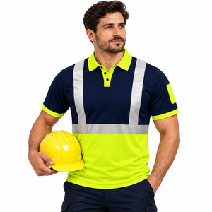 Unisex <b>Hi</b> <b>Vis</b> Reflective Polo <b>Shirt</b> Short Sleeve Navy Blue Fluorescent Yellow High Visibility Workwear Polo <b>Shirt</b> - Product Image 5