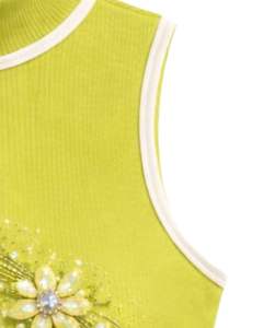 Débardeur côtelé vert citron personnalisé pour femme avec motif floral en strass, sans manches, été, fabrication sur mesure - Product Image 5