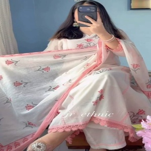 Best Quality Jaipuri Taj Cotton with Hand-<b>Block</b> <b>Print</b> & Handwork Butta Ghera Kurta-Plazzo-Dupatta Set Supplier from India - Product Image 1