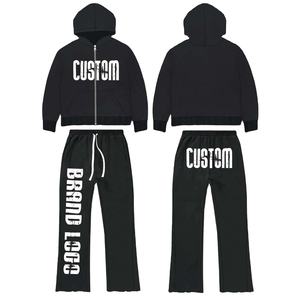 Último diseño chándal personalizado 500 GSM peso pesado puff estampado sudadera distress Flare pantalones de chándal y Sudadera con capucha conjuntos hombres chándal - Product Image 1