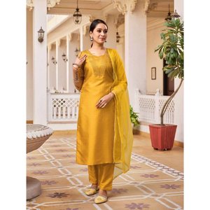 DESGASTE FORMAL BORDADO DE ALGODÓN TRABAJO TOP BOTTOM CON DUPATTA AMARILLO - Product Image 1
