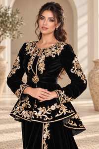 Robe Caftan Marocaine Noire Élégante avec Broderie Florale Dorée, Perles de Cristal, Ceinture Ornée de Bijoux, Ourlet Sirène, Longueur Maxi, pour Soirée - Product Image 5