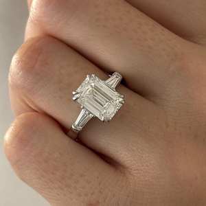 4 Carat <b>Emerald</b> Cut E VVS2 Lab Diamond 3 Stone <b>Ring</b> , Tapered Baguette Three Stone, White Gold , IGI Certified - Product Image 1