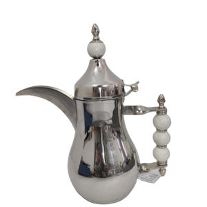Théière à café arabe traditionnelle KAMRAN, finition miroir argentée, 1L, écologique, poignée perlée en marbre blanc, à charnière - Product Image 1