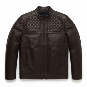Blouson de motard en cuir d'agneau pour homme, coupe ajustée, vintage, imperméable, col montant, teinture unie, vente en gros OEM - Product Image 5