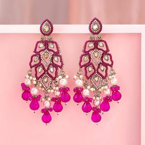 Boucles d'oreilles pendantes Kundan pour femmes, plaquées or, en alliage de zinc, zircon, imitation perle rose, style bohème, pour mariage, Chine - Product Image 3