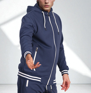 Nouveau design tendance : Ensemble de jogging pour homme, coupe ajustée, en molleton uni (Spandex/Coton), avec sweat à capuche zippé et bordures côtelées contrastantes - Product Image 5