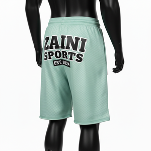 กางเกงขาสั้นกีฬาผ้าตาข่ายเนื้อนุ่มคุณภาพสูง 180GSM สีเขียวมิ้นท์ ปักโลโก้ด้วยเทคนิคฮีททรานเฟอร์ สำหรับออกกำลังกาย กางเกงขาสั้นตาข่ายผู้ชาย - Product Image 5
