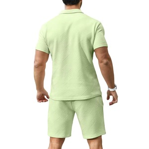 Men Solid Cotton Short Sleeve T-Shirt Bermuda Shorts Set Drawstring Casual Wear Breathable Knitted Mid Waist Front Logo Elastic - Product Image 2