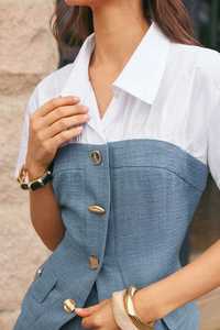 Conjunto de mono entallado con bloques de color y cuello camisero para mujer - Product Image 3