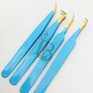<b>Top</b> Trend Eyelash Tweezers Blue Color Golden Tip Mink Eyelash Extension Volume Tweezers Stainless Steel Russian Volume - Product Image 5