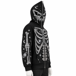 Gothic Skeleton Solid <b>Zip</b>-Up <b>Hoodie</b> Unisex Oversized Fit <b>Black</b> Hooded French Terry Windproof Autumn Wear Glitter Print - Product Image 5