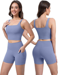 Women's Medium <b>Support</b> Scoop Neck Yoga Bra Spaghetti Strap Contrast Binding Eco-Friendly Four-Way Stretch <b>Crop</b> <b>Top</b> Front - Product Image 1