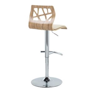 Tabouret de bar réglable Folia de style moderne du milieu du siècle, en métal chromé et bois zèbre, avec revêtement en similicuir crème, pivotant et pied en T arrondi - Product Image 4