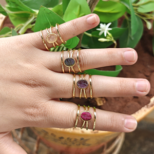 Punk Style Four Layer Band <b>Ring</b> Oval Shape Gemstone Natural Raw Rose Quartz Dyed Ruby Amethyst <b>Labradorite</b> 18k Gold Plated Brass - Product Image 5