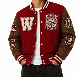 Westfield College Varsity Jacke für Herren, Rot, Wollstoff mit Lederärmeln, Besticktes Patch-Design, Preppy-Stil, Umlegekragen, Herbst - Product Image 6