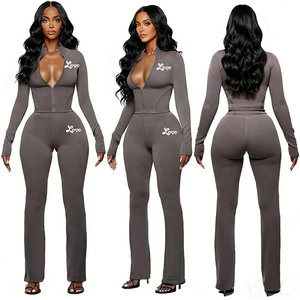 Custom Ladies Hooded Double Zipper Tracksuit Set Full Length Flare Pants Knitted Polyester Casual Sportswear Two Piece Outfit - Product Image 5