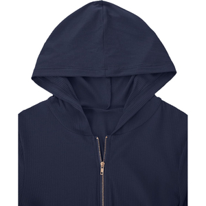 <b>Women's</b> <b>Navy</b> Blue Hooded Zip-Up Cropped Sweater Long Sleeve Knitted Solid Color Autumn Wear Breathable Full Length Sleeves - Product Image 6