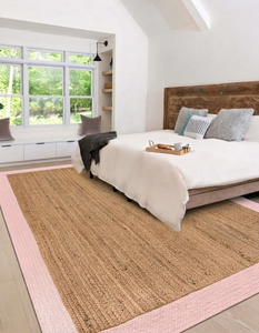 Decorative Rectangle Natural Jute Area Rug With <b>Pink</b> Border Woven Farmhouse Carpet For Indoor Use - Product Image 1