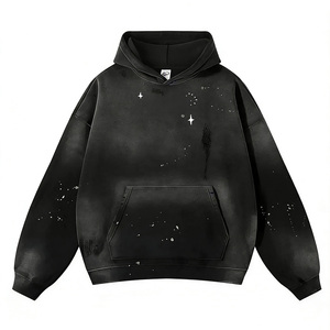 Sweat à capuche vintage surdimensionné pour homme avec effet délavé à l'acide, motif à carreaux sur le devant, tricot uni, impression numérique, saison hivernale - Product Image 1