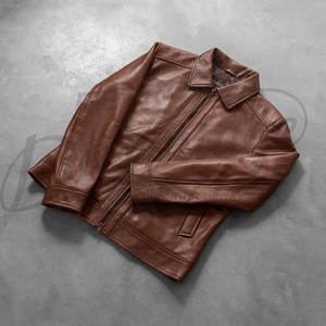 Veste en cuir marron cognac pour homme, en véritable peau de mouton, style col chemise vintage, coupe ajustée, automne-hiver, veste moto décontractée - Product Image 2