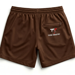 Shorts de sport pour homme, marron, séchage rapide, cordon de serrage, taille élastique, logo imprimé sur le devant. - Product Image 2