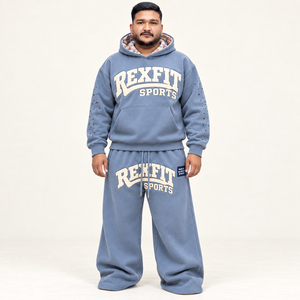 Custom Unisex <b>Oversized</b> <b>Fleece</b> <b>Hoodie</b> Sweatpants Set with Applique Letter Rhinestone Sleeve Detail Wide Leg Tracksuit Set OEM - Product Image 3
