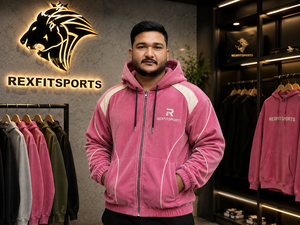 REXFITSPORTS 2026 Sudadera con capucha rosa de pana personalizada con cremallera, unisex, forro polar, estilo urbano, chaqueta con cremallera completa y paneles en contraste, privada - Product Image 1