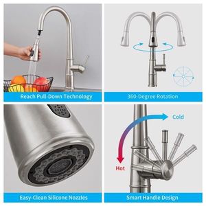 Rubinetto da cucina monocomando a montaggio su piano, con getto ad arco alto a 360 gradi, in nichel spazzolato, con doccetta estraibile - Product Image 4