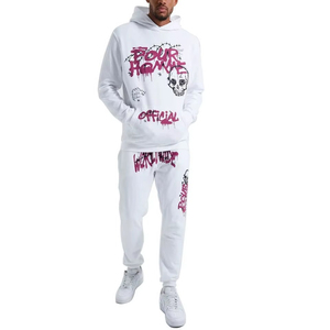 Conjunto Deportivo de Invierno con Capucha Unisex Blanco, Sudadera y Pantalones de Algodón con Estampado de Calavera, Cintura Elástica, Transpirable - Product Image 1