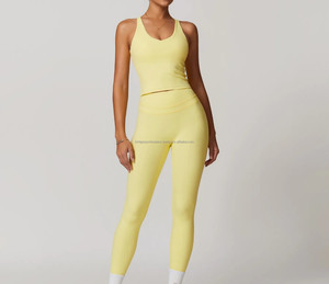 Conjunto de Yoga para Mujer de 4 Piezas con Logotipo Frontal, Cintura Alta, Color Sólido, Sin Costuras, para Gimnasio y Entrenamiento - Product Image 6