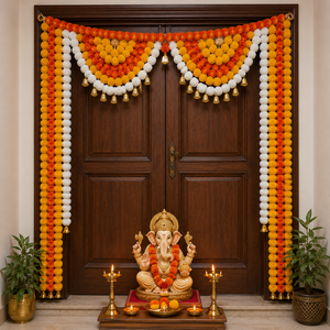 Orange Yellow White Marigold Garland Toran with Golden Bells and Ganesha Idol Decorative Entrance Set for Festival Decor - Product Image 4