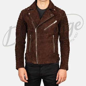 Veste de motard en cuir suédé marron pour homme, manches côtelées matelassées, véritable peau de mouton, coupe ajustée, automne-hiver - Product Image 3