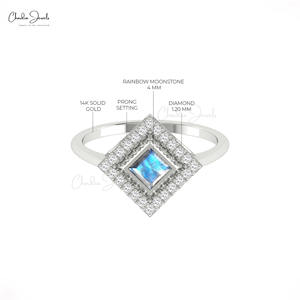 Anillo de Compromiso con Piedra Lunar Arcoíris de Corte Princesa de 4 mm, Oro Real de 14K, Anillo con Piedra Preciosa, Joyería Fina con Diamantes para Mujer, Superventas - Product Image 5