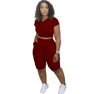 Ensemble 2 pièces tricoté pour femme, short et haut court à col rond et manches courtes, avec poches, tenue décontractée d'été imprimée, 100% coton anti-plis, rouge - Product Image 2