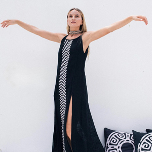 Robe longue bohème noire pour femme, style débardeur à franges, en coton, fendue, sexy, style festival, imprimé tribal, pour le yoga et les occasions festives - Product Image 3